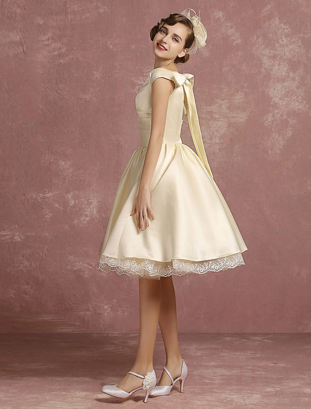 Short Wedding Dresses Satin Vintage Princess Bridal Dress Knee Length ...