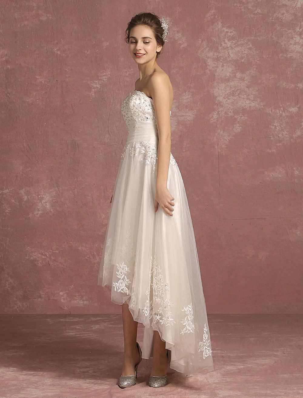 Summer Wedding Dresses 2021 Lace Beaded Bridal Gown Strapless Sleeveless A Line High Low Bridal