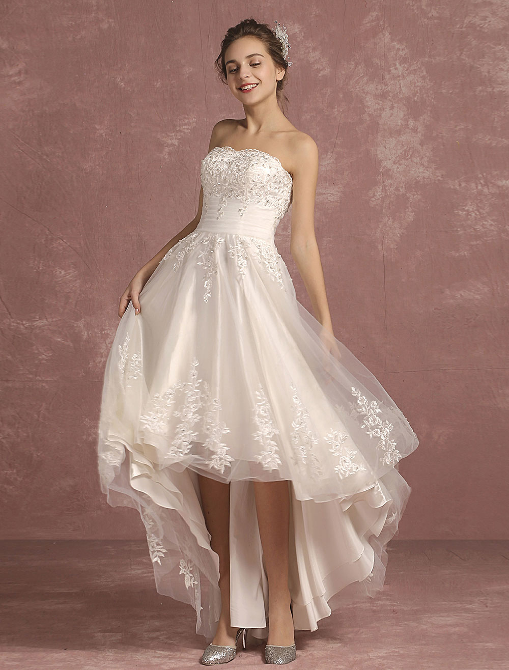 Summer Wedding Dresses 2021 Lace Beaded Bridal Gown Strapless Sleeveless A Line High Low Bridal