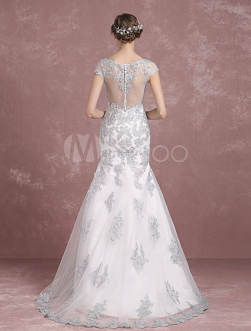 Silver Wedding Dress Mermaid Bridal Dress Lace Applique Bridal Gown Sheer Back Sleeveless Button 4121