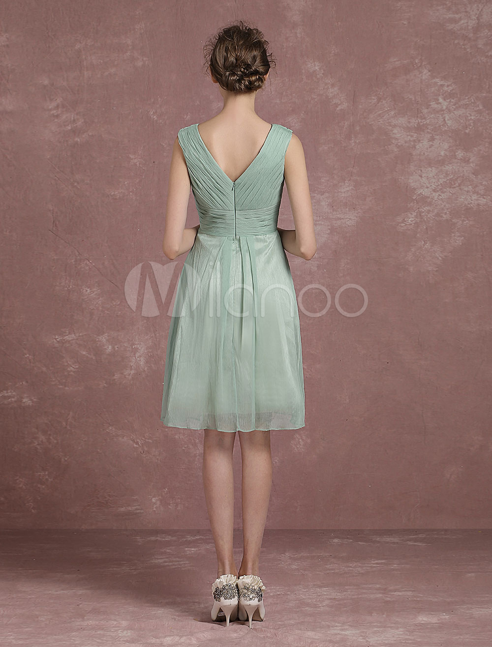 Sage Green Bridesmaid Dress Knee Length Pleated Dress V Neck