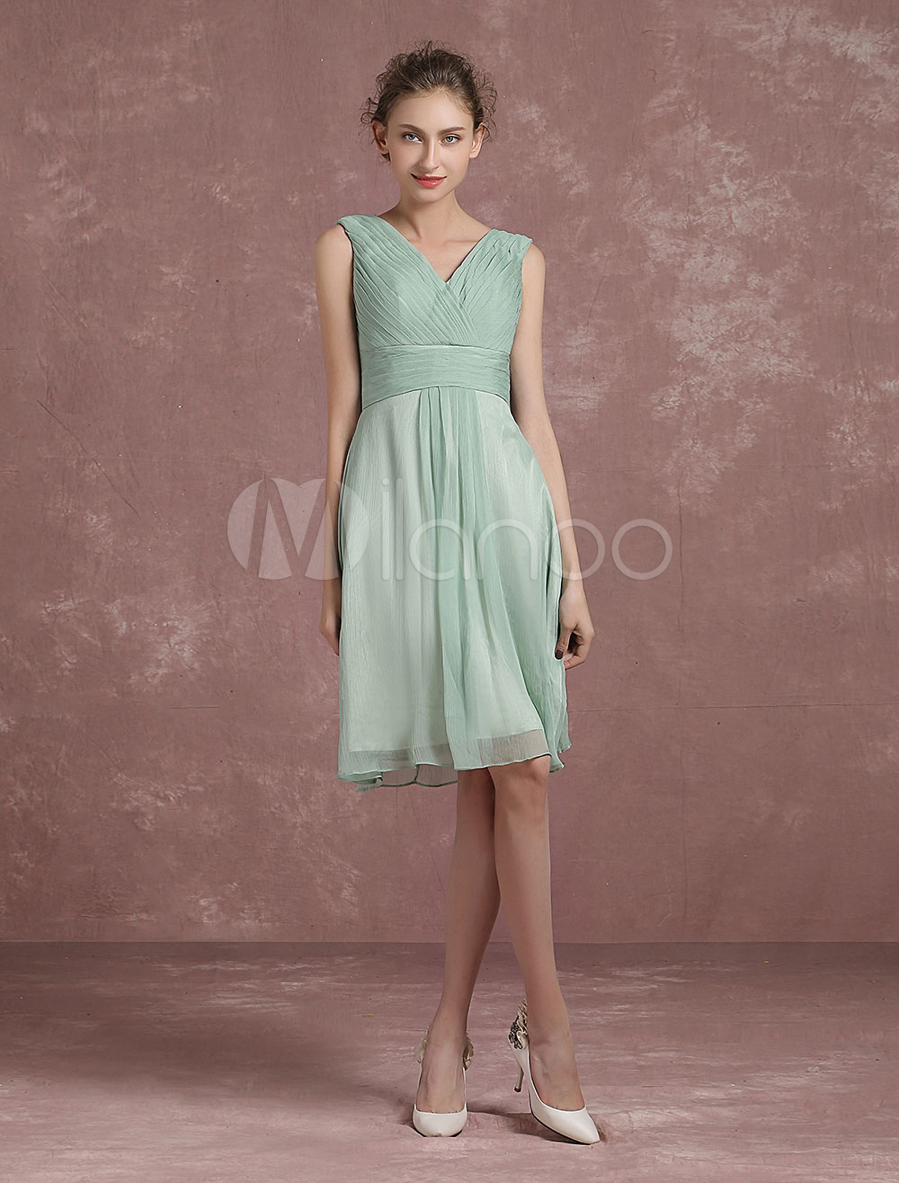 Sage Green Bridesmaid Dress Knee Length Pleated Dress V Neck