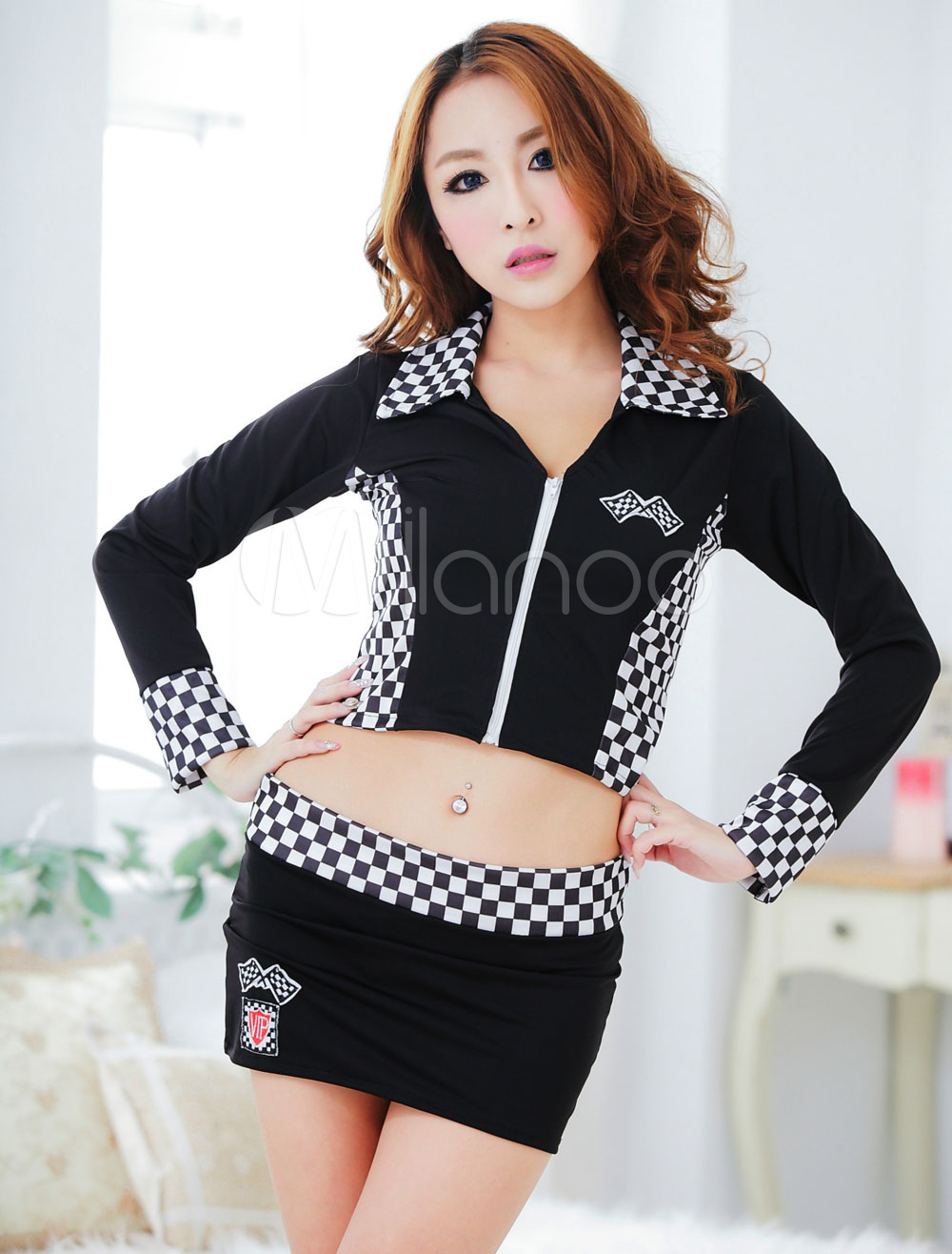 Sexy Race Car Driver Costume Halloween Women's Black Checker Mini Skirt ...