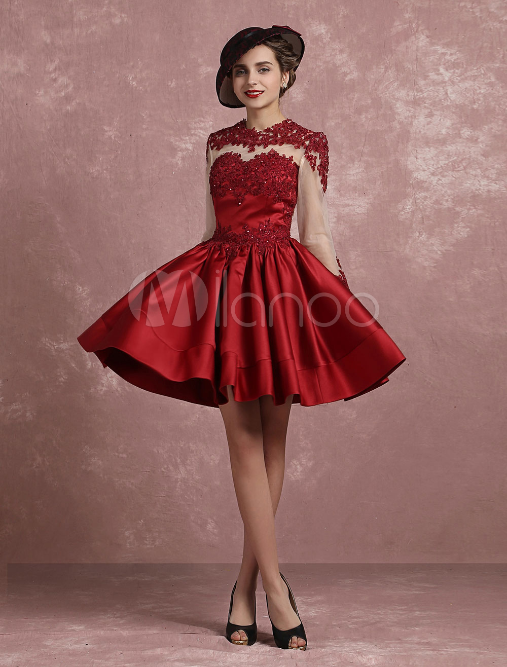 Satin Dress Vintage Illusion Lace Applique Beaded Cocktail