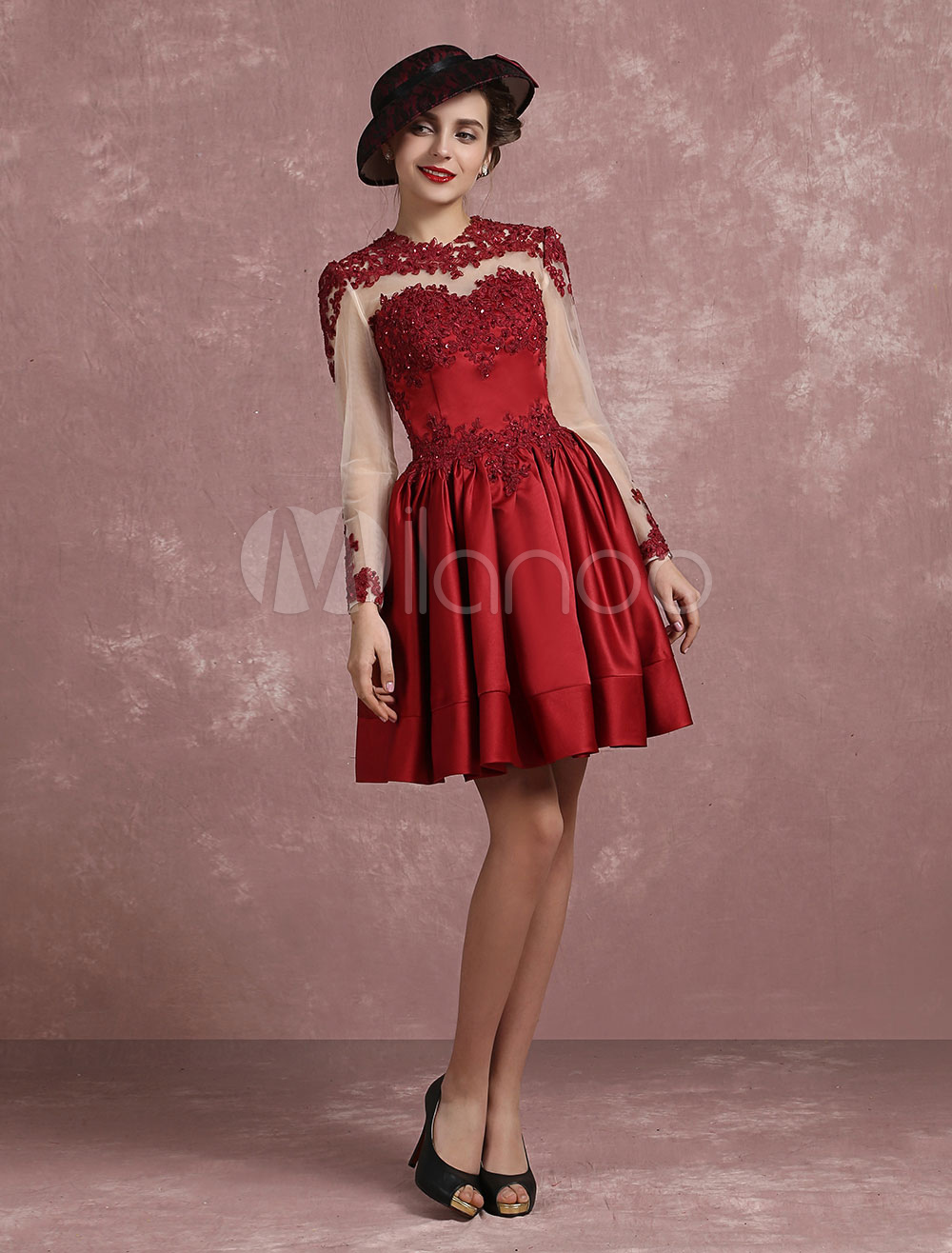 Satin Dress Vintage Illusion Lace Applique Beaded Cocktail