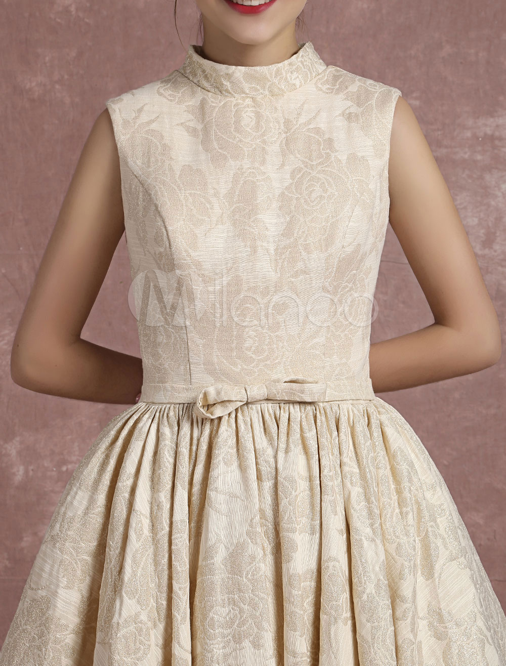 champagne-wedding-dress-vintage-high-collar-bridal-gown-short-jacquard-back-design-sleeveless