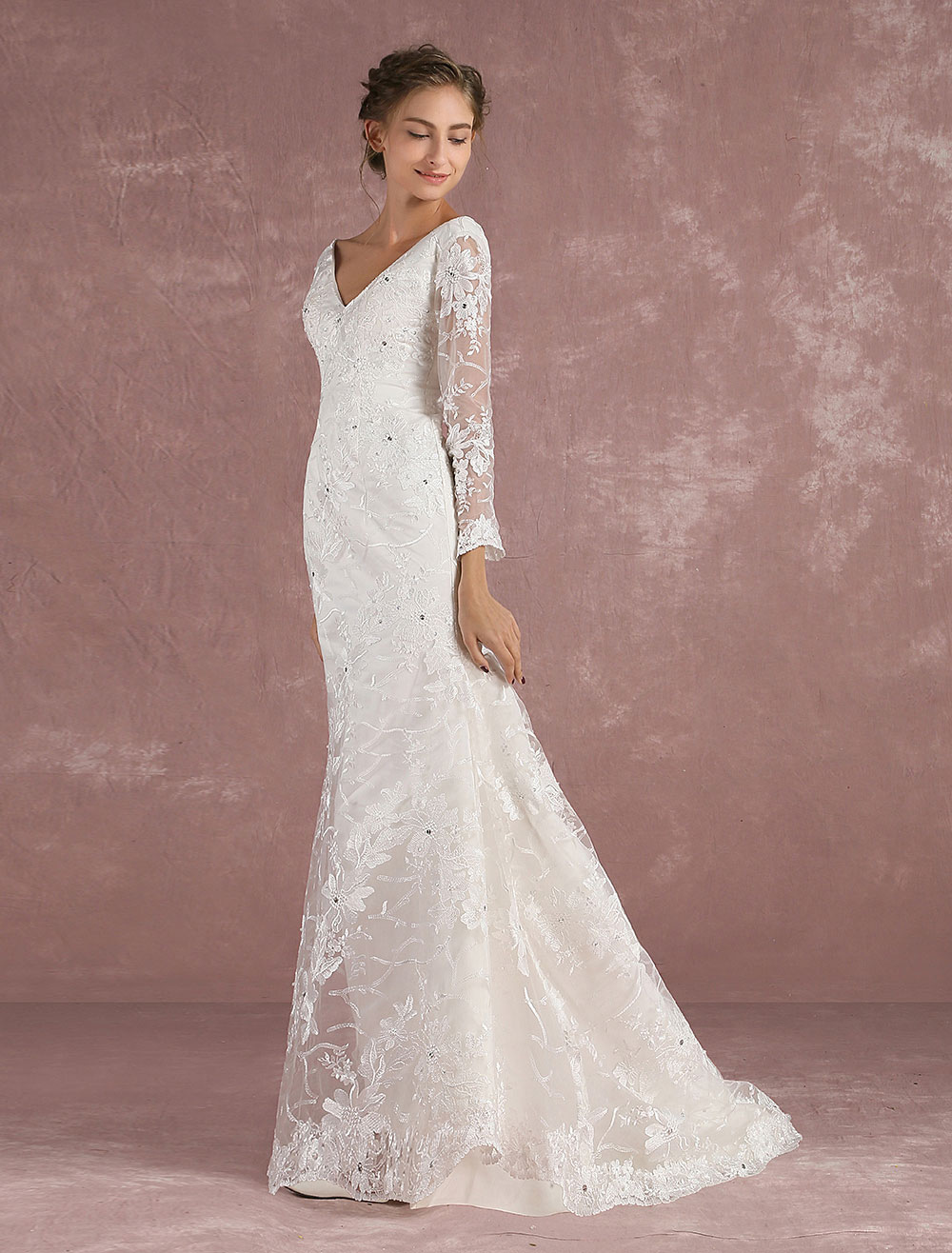 Summer Wedding Dresses 2020 Lace Mermaid Ivory Bridal Dress V Neck Long ...