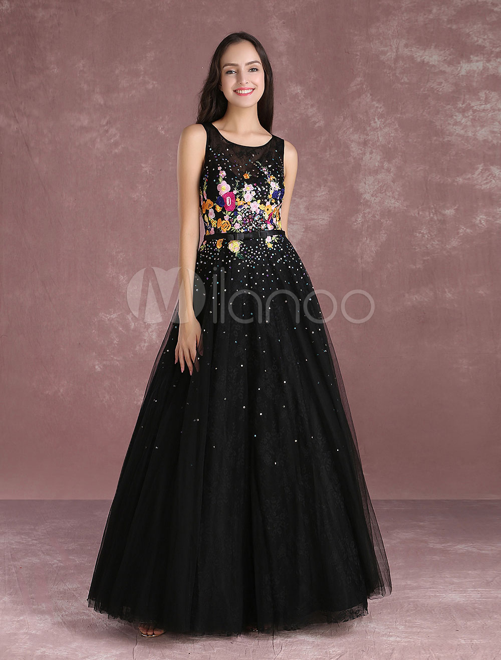 Tulle Prom Dress Long 2020 Illusion Embroidered Beading Evening Dress Black Sash Floor Length 
