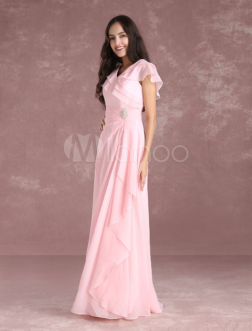 Pink Sweetheart Short Sleeves Floor Length Party Dress, Pink Wedding Party Dresses