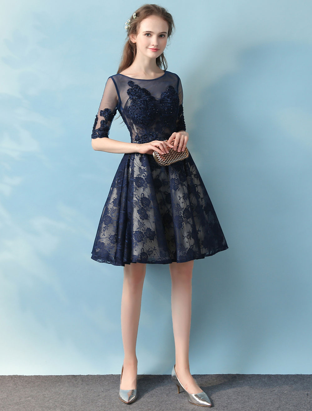 フォーマルドレス パーティードレス ホームカミングドレス 卒業式ドレス ダークネイビー Aライン ひざ丈 ラウンドネック 五分袖 レースアップ
