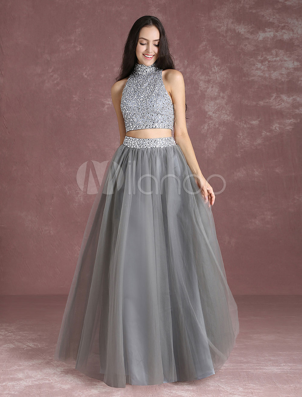 Two Piece Prom Dresses Crop Top Dress Grey Tulle Beading