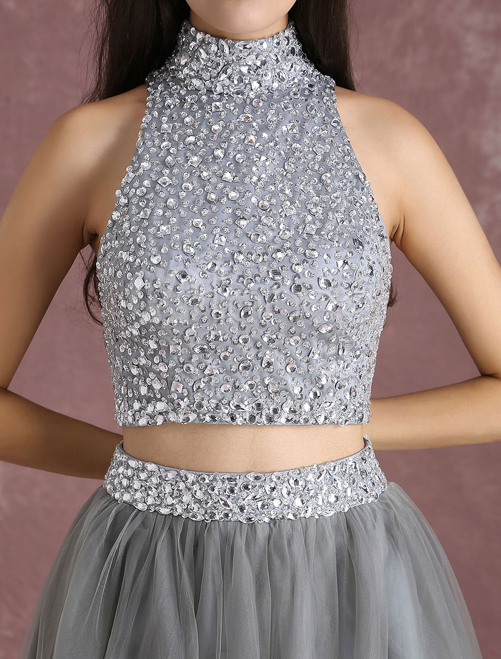 Two Piece Prom Dresses Crop Top Dress Grey