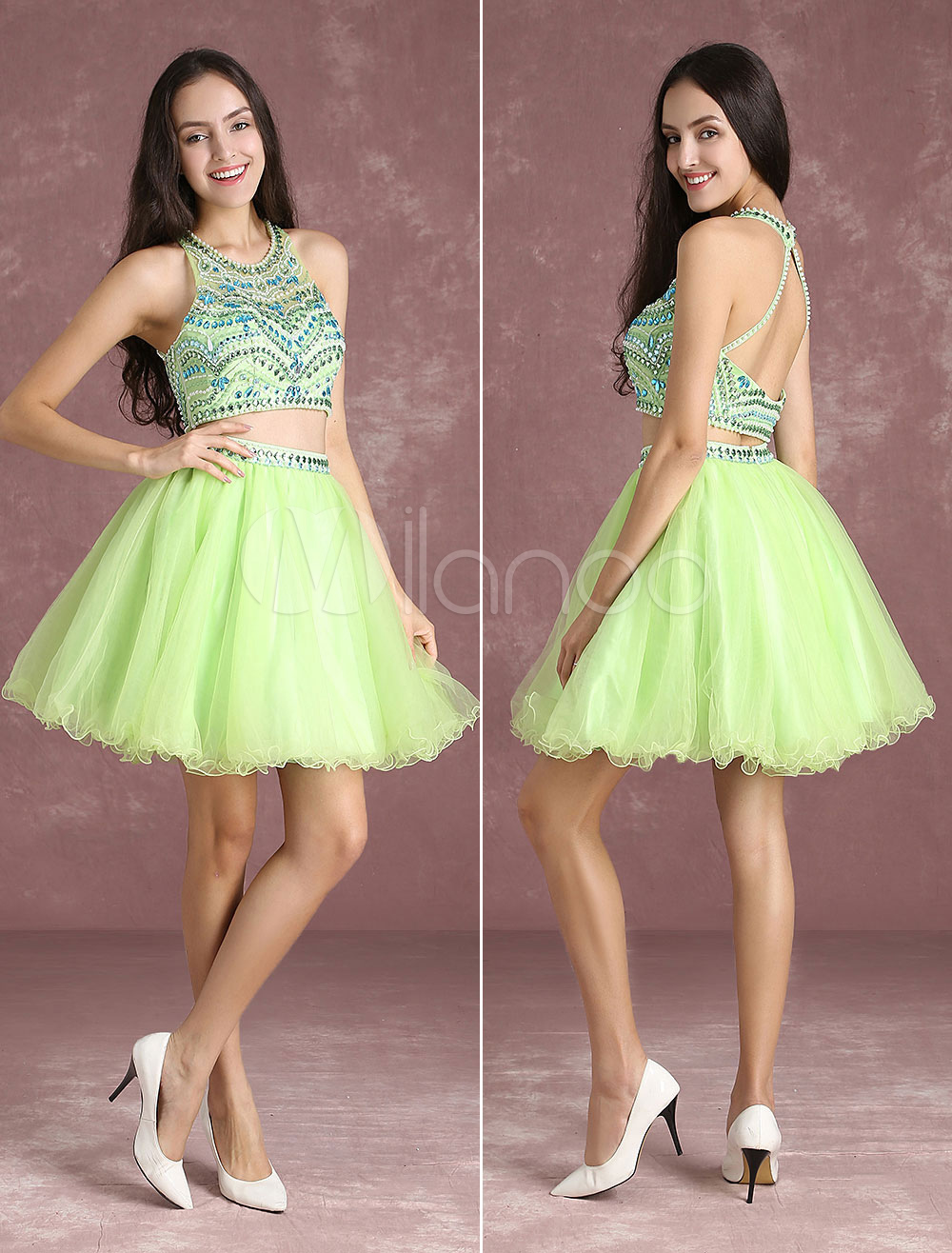 Two Piece Dress Neon Green Short Prom Dress Crop Top Tulle