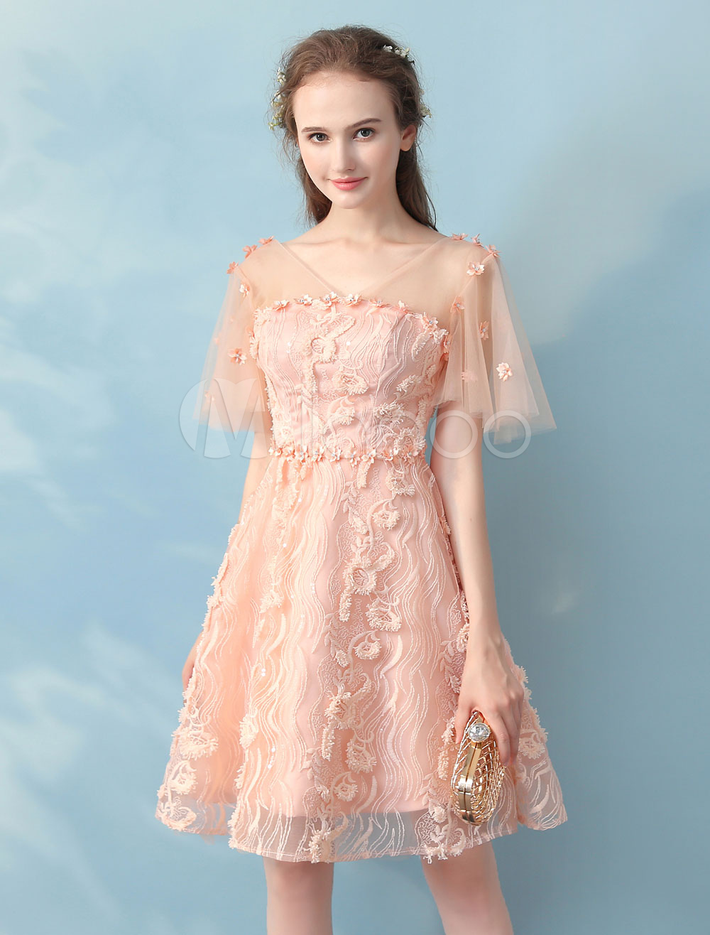 Peach Homecoming Dress Lace Short Prom Dresses V Neck Butterfly Sleeve ...