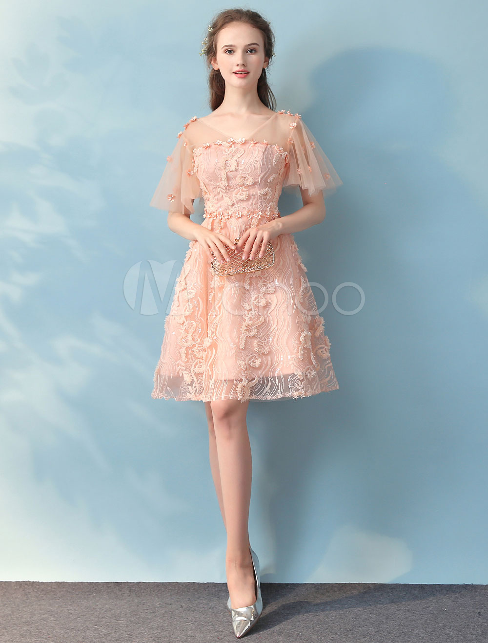 Peach Dress Lace Short Prom Dresses V Neck Butterfly Sleeve