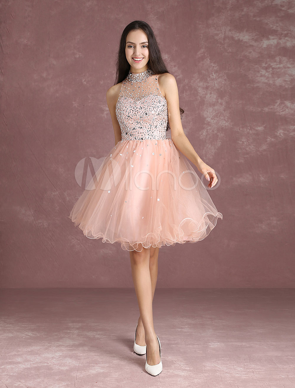 Princess Homecoming Dress Peach Tulle Short Prom Dresses Beading ...