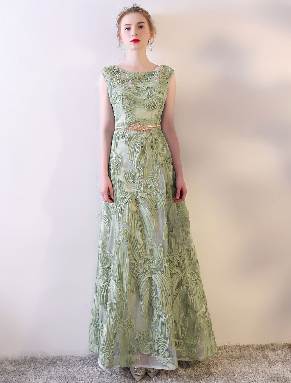 Prom Dresses Long Sage Green Sleeveless A Line Floor Length With Sash