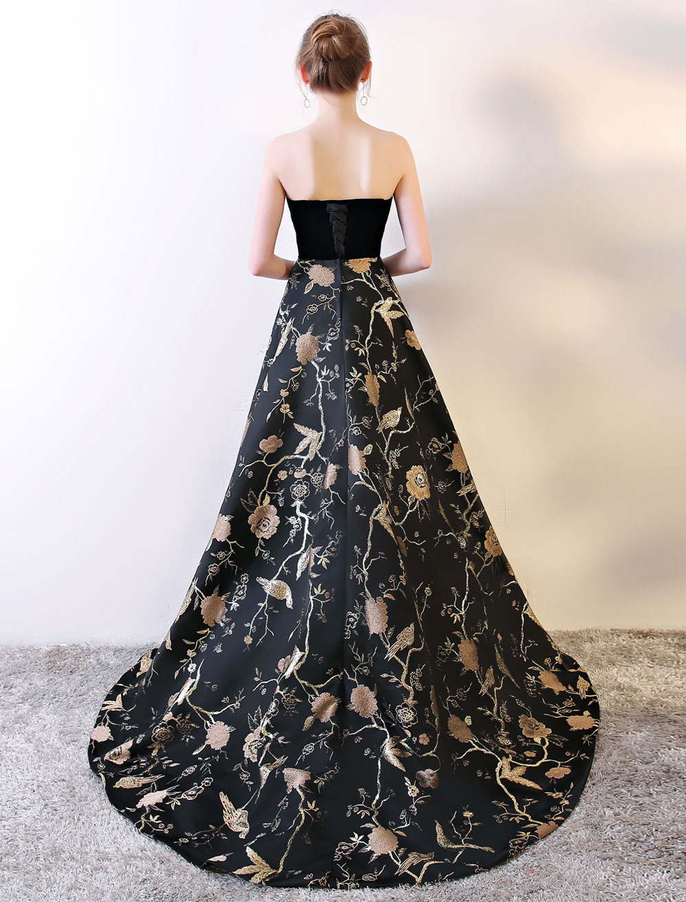 Black Strapless Satin Prom Dress with Flowers, A Line Long Evening Gown UQP0351 main image 1