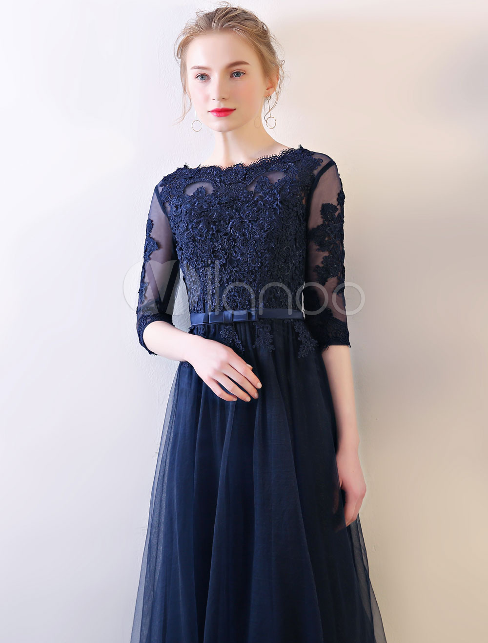 Long Prom Dresses Dark Navy Evening Dress Half Sleeve Bow Sash Illusion ...