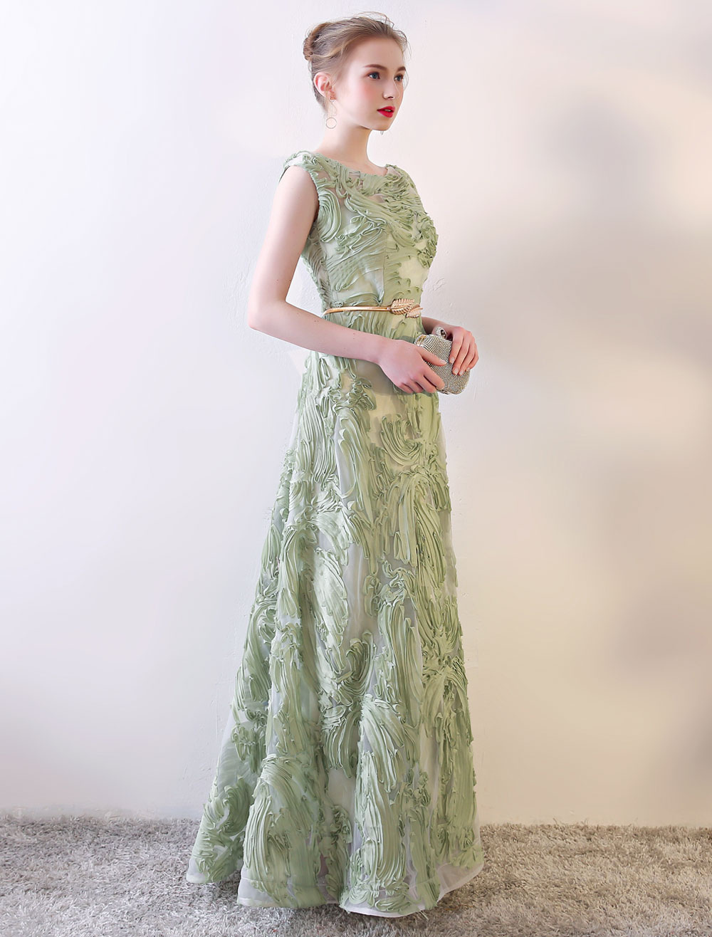 Prom Dresses Long Sage Green Sleeveless A Line Floor Length With Sash Wedding Guest Dress 9533