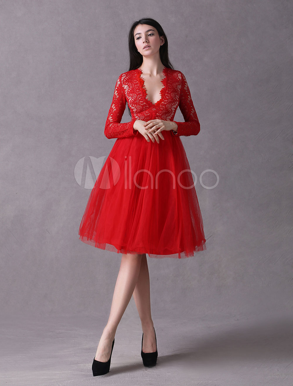 Red Prom Dresses Short Lace Long Sleeve Cocktail Dress V Neck Illusion