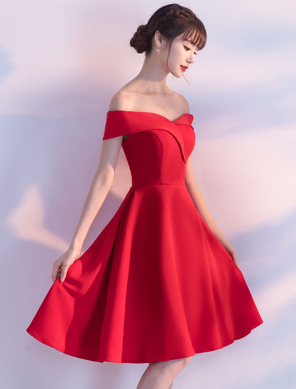 Red Cocktail Dresses Satin Off The Shoulder Short Dress A — free download