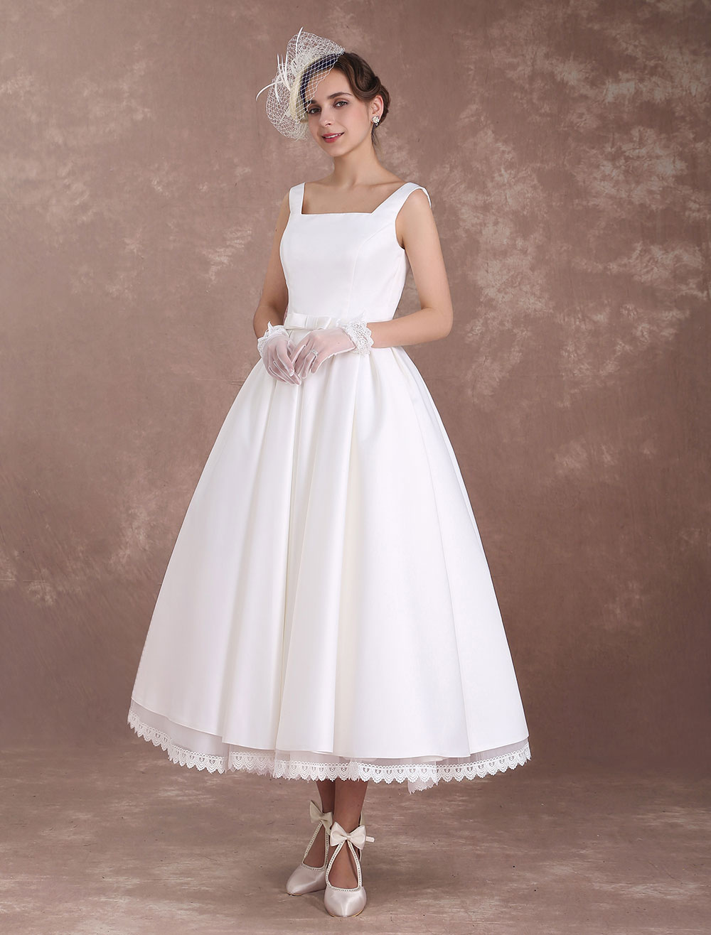 White Wedding Dresses Short Vintage Bridal Dress 1950's Satin Straps ...
