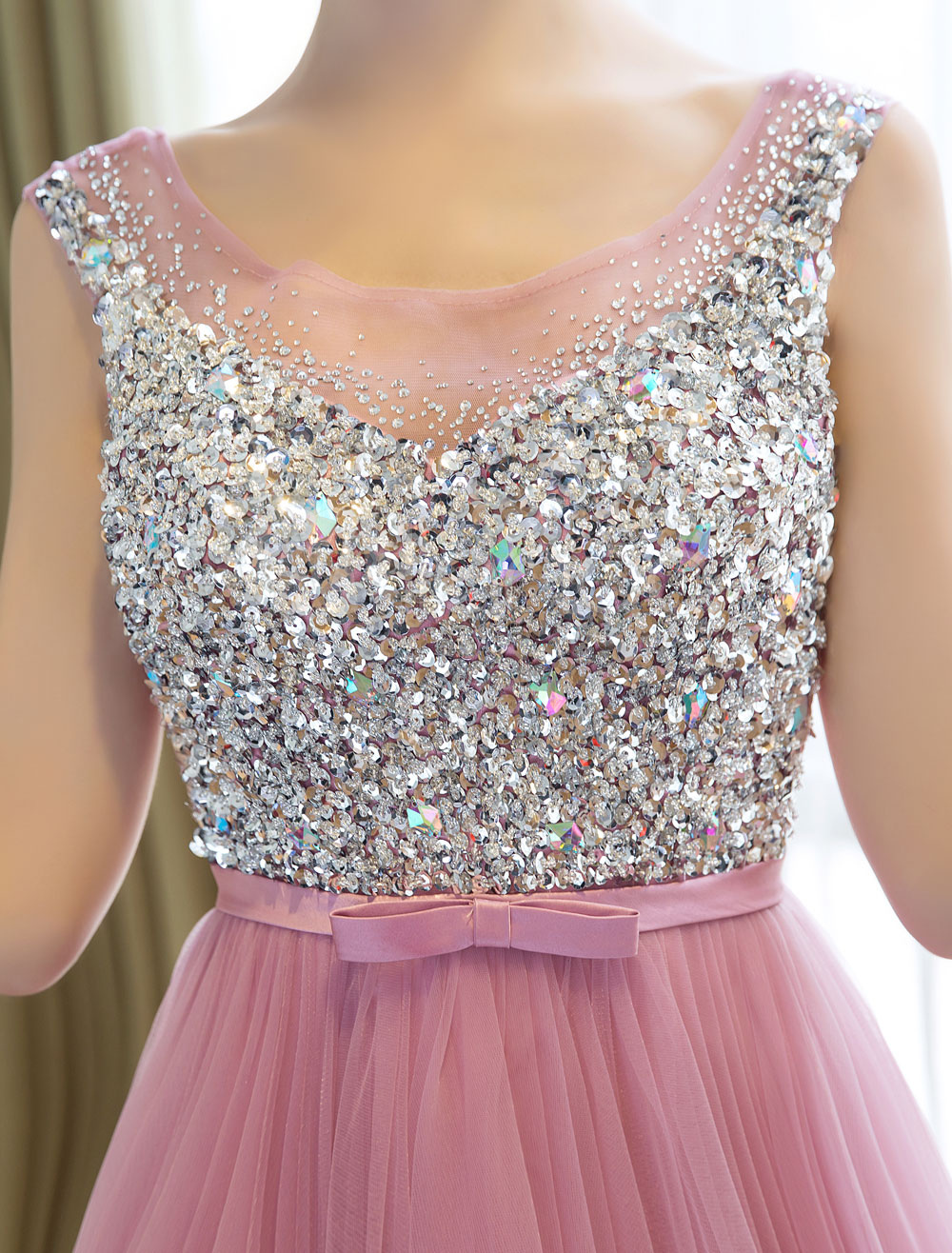 Long Prom Dress Cameo Pink Tulle Party Dresses Rhinestone Beaded ...