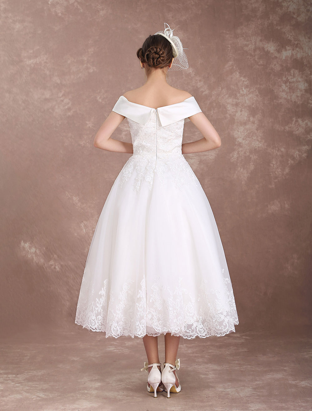 Vintage Wedding Dresses Off The Shoulder Short Bridal Dress 1950 Lace