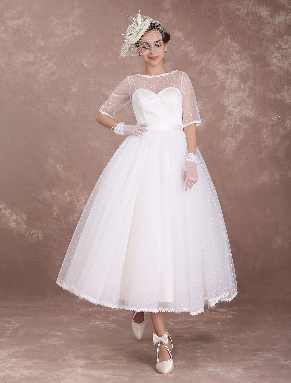 Vintage Wedding Dress 1950 Short Bridal Dress Ivory Backless Polka Dot ...