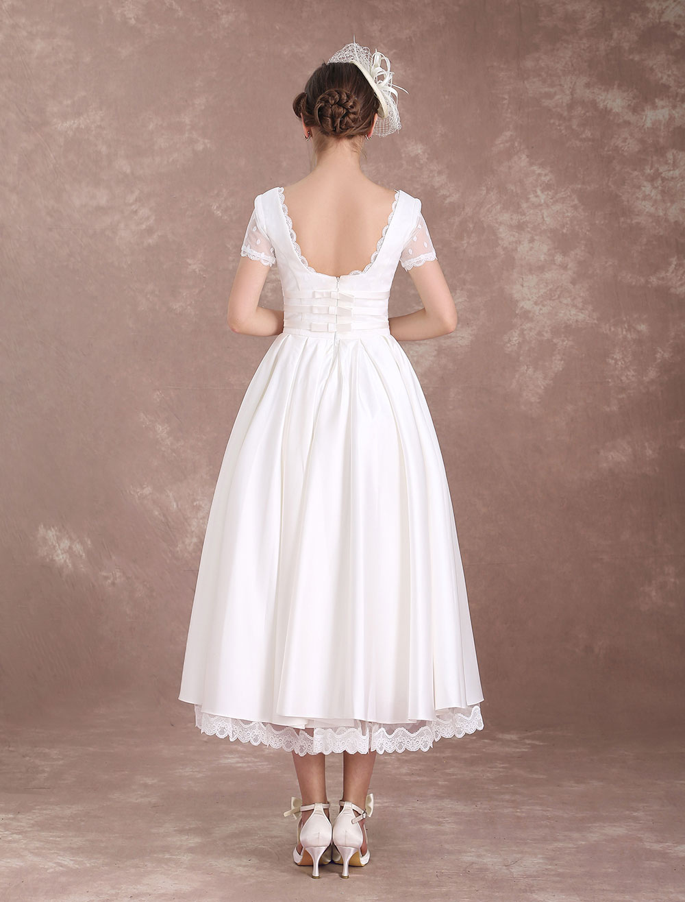 Vintage Wedding Dress Short Sleeve 1950&rsquo;s Bridal Dress Backless Polka