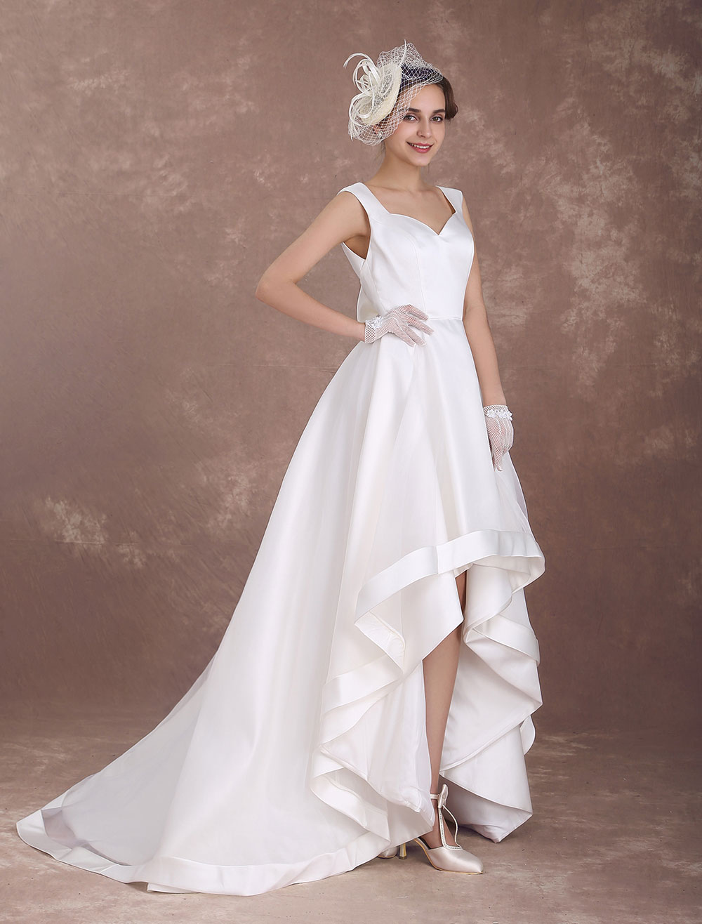 Abito da Sposa Vintage avorio semplice svasato asimmetrico smanicato di Spalle nude Milanoo