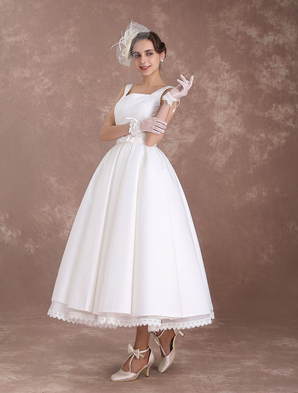 White Wedding Dresses Short Vintage Bridal Dress 1950's Satin Straps ...