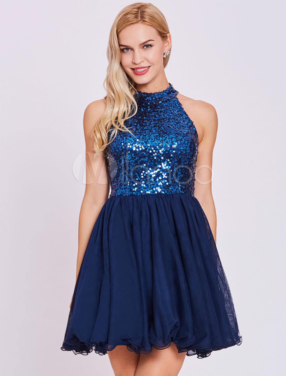 Kurze Ballkleider Pailletten Halter Mini Backless Pastell Blau