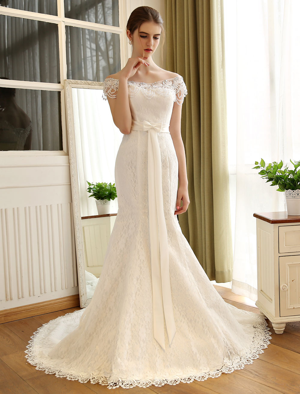 Buy > slim fit wedding dress with train > in stock