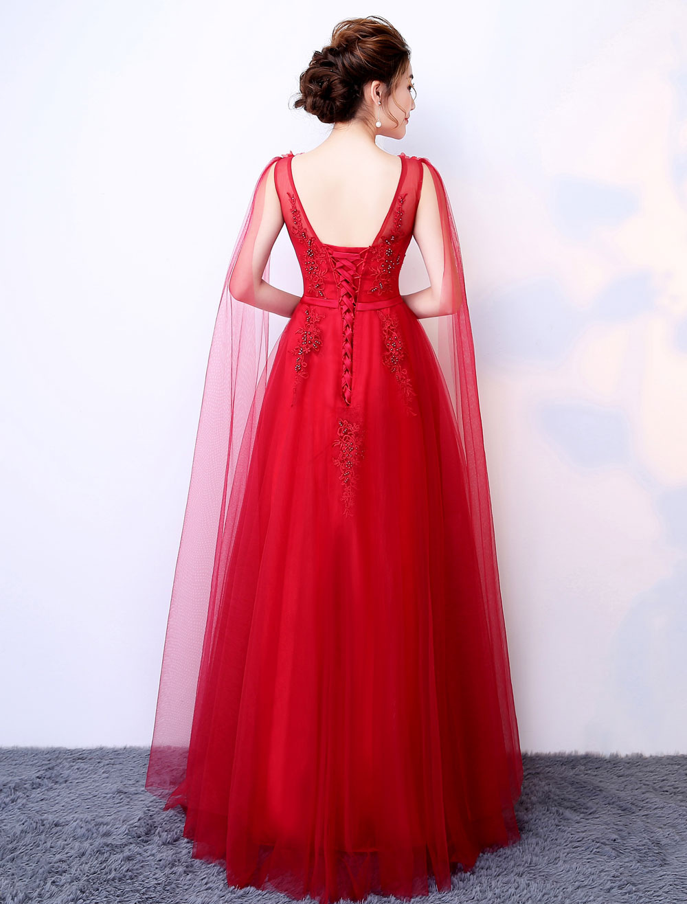 Robe de bal A-ligne en tulle col rond avec perles longueur plancher ...