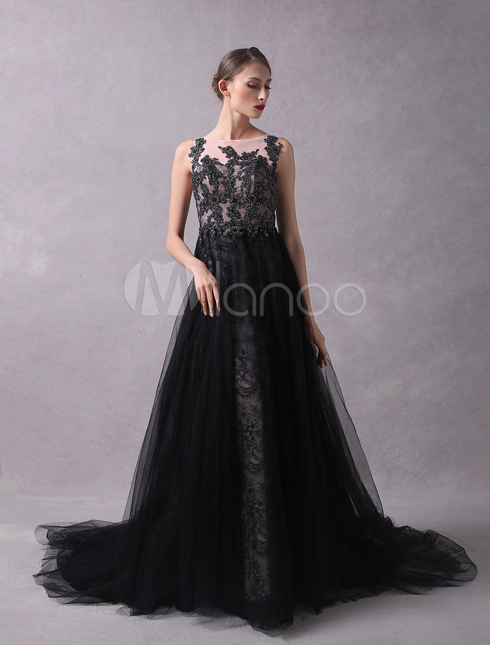 Black Prom Dresses 2022 Long Tulle Lace Beaded Sleeveless Illusion