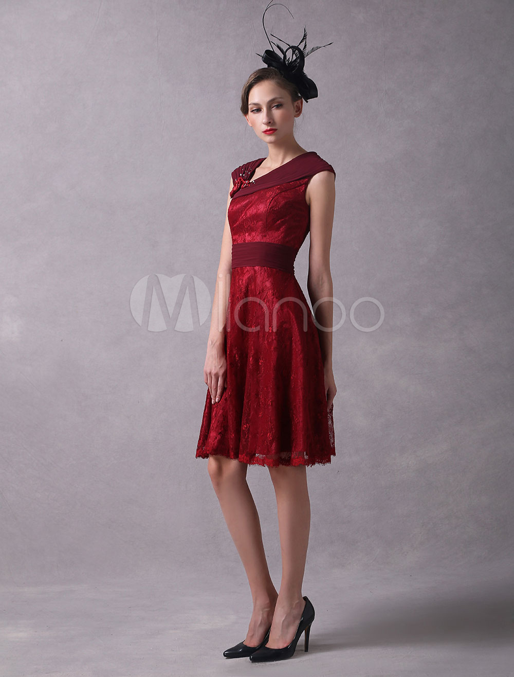 Wedding Guest Dresses Burgundy Lace Wedding Guest Dress Pleated Sleeveless Knee Length Wedding