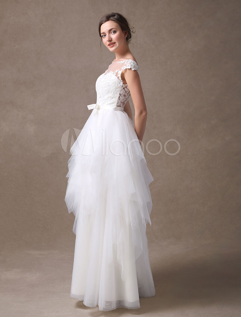 Beach Wedding Dresses Ivory Backless Summer Bridal Gown A Line Tulle Tiered Bow Sash Illusion 2107