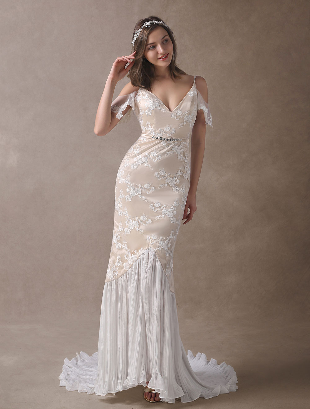 Boho Wedding Dresses Champagne Lace Beach Bridal Dress Mermaid V Neck — free download