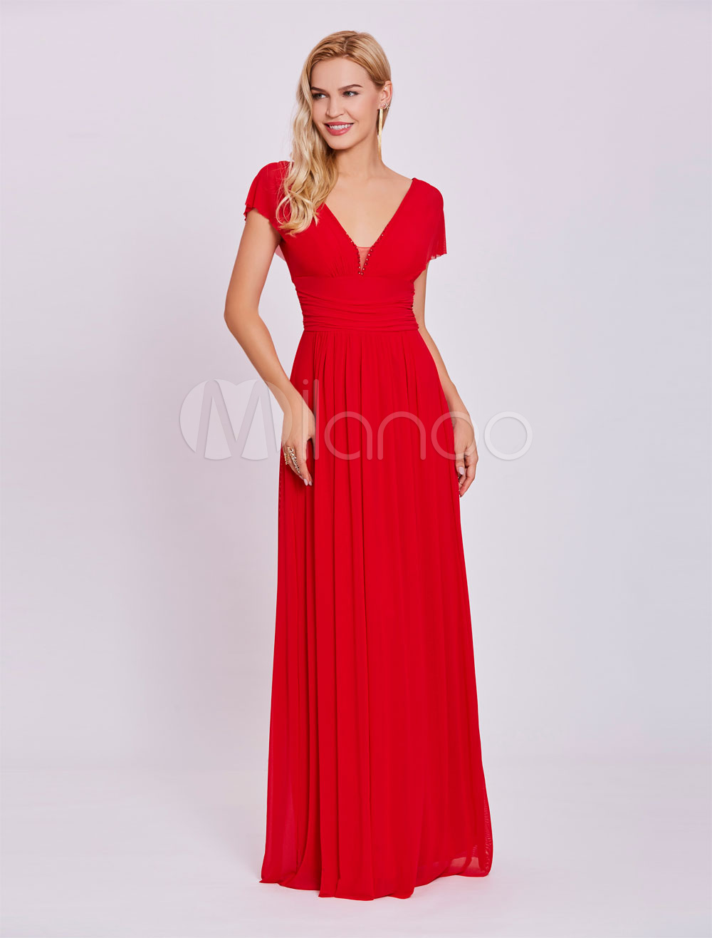 Red Prom Dresses 2022 Long Chiffon V Neck Evening Dress Short Sleeve