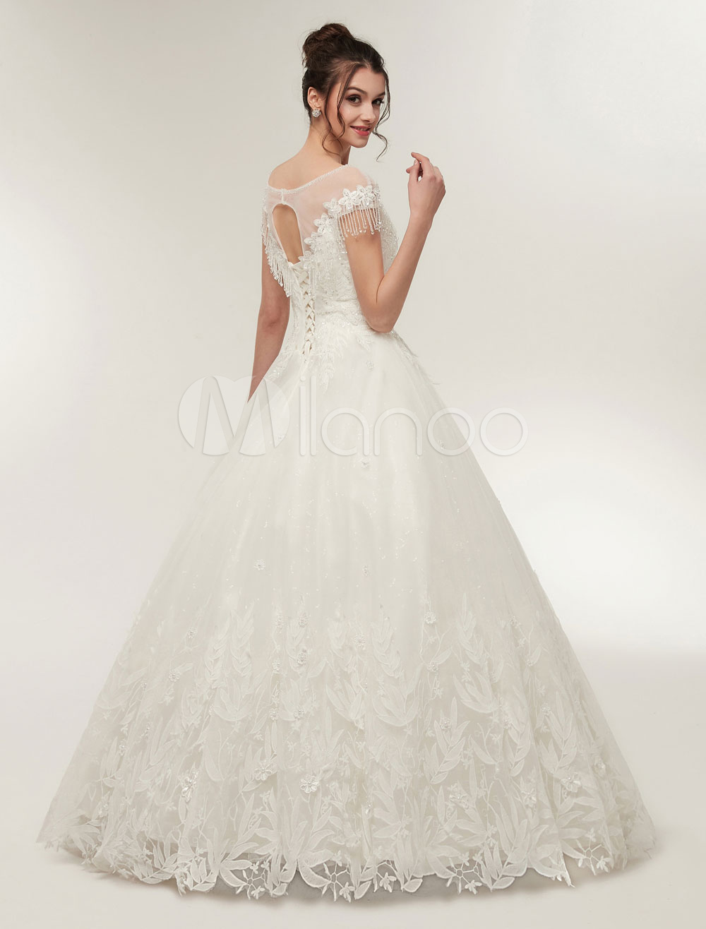 Princess Ivory Tulle Illusion Scoop Floor Length Court Wedding Dress, Lace main image 1