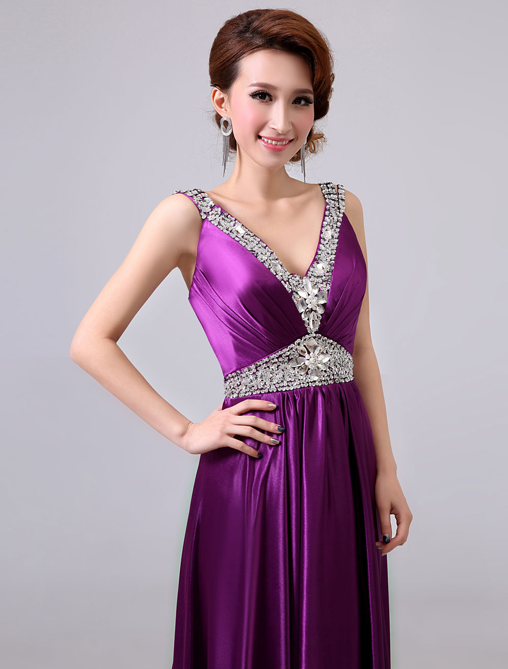 Lavender Prom Dresses Long Beaded V Neck Backless Sash Floor Length Formal Evening Dress 