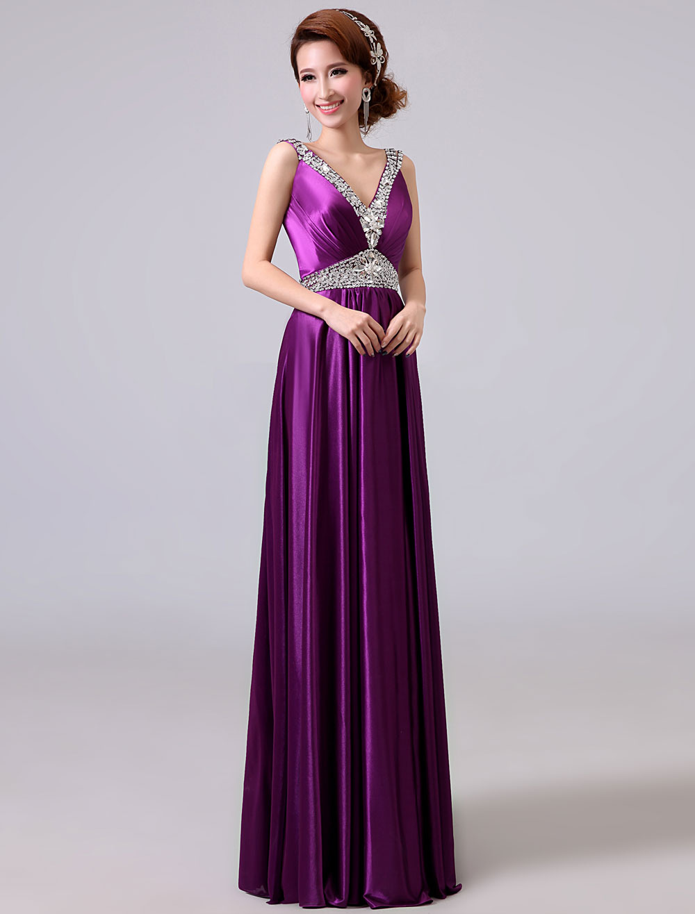Lavender Prom Dresses Long Beaded V Neck Backless Sash Floor Length