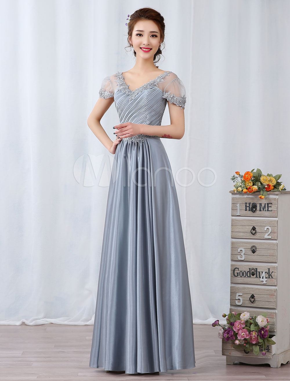 Silver Evening Dresses Maxi Lace Applique Beaded Short Sleeve Pleated ...