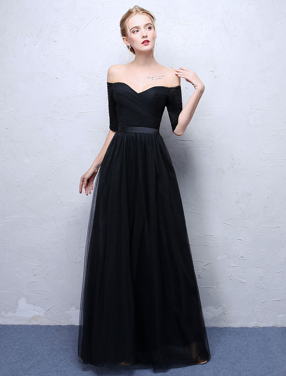 Black Prom Dresses 2023 Long Off The Shoulder Evening Dress Half Sleeve ...