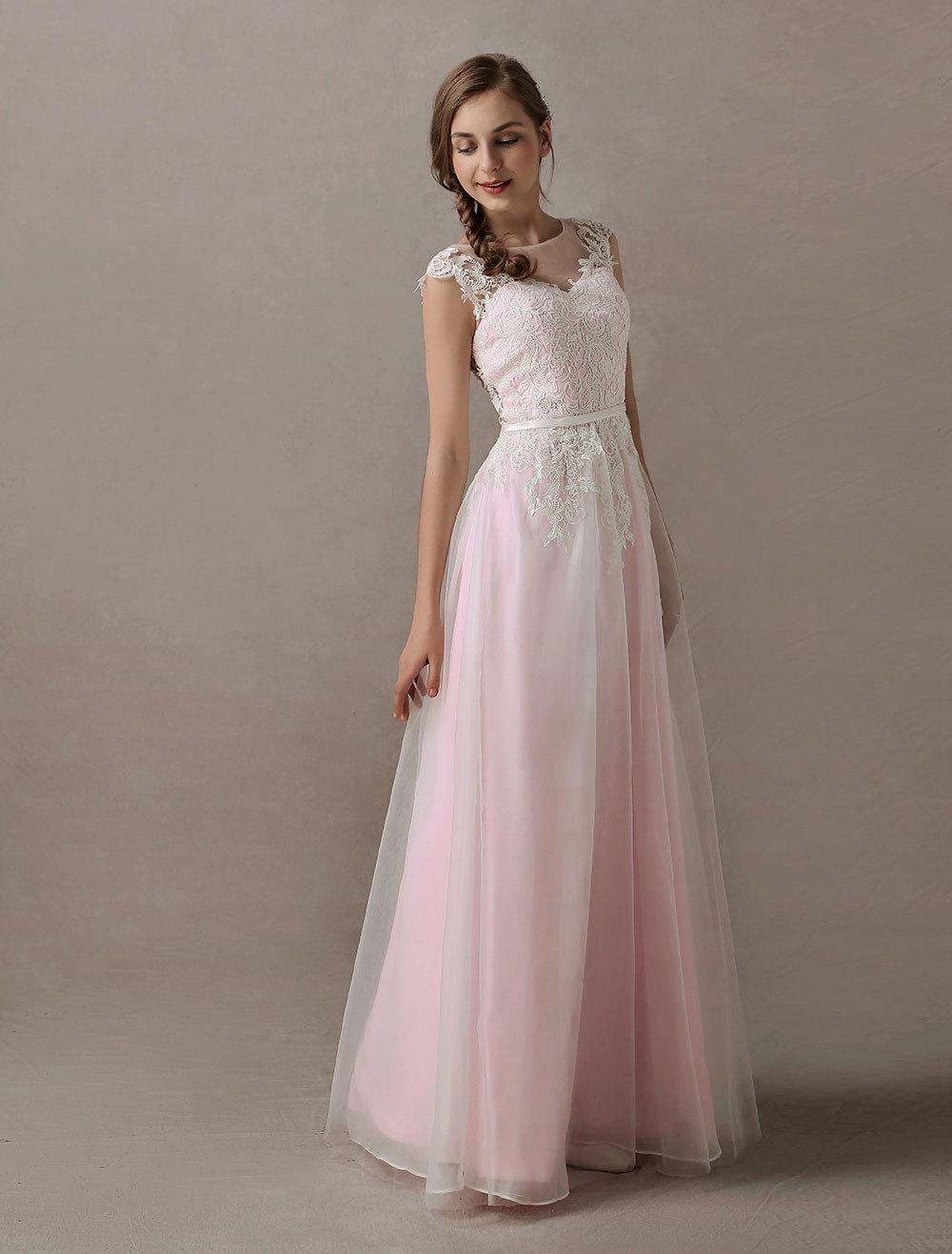 Wedding Dresses Soft Pink Lace Applique Tulle Summer Beach Bridal Dress