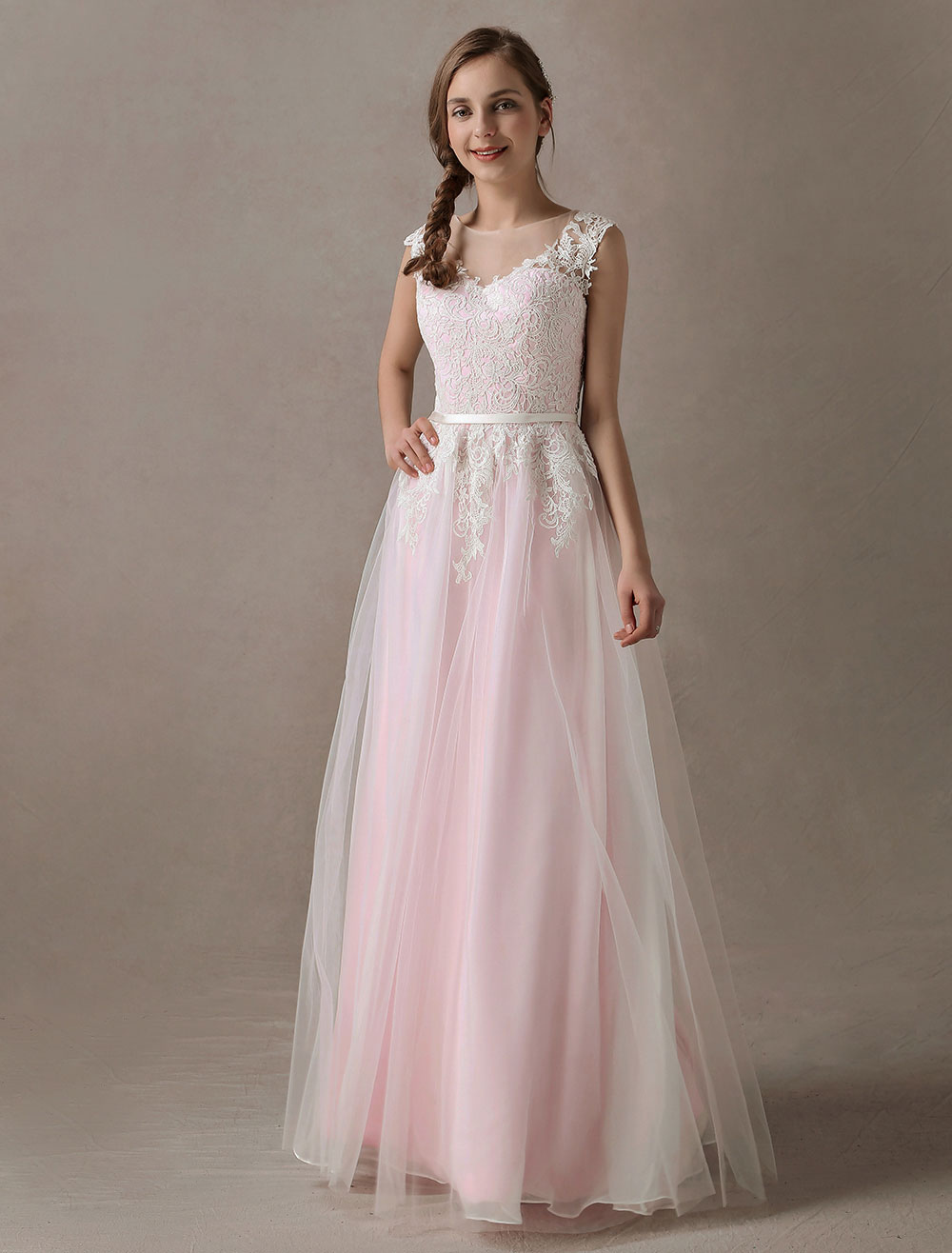Wedding Dresses Soft Pink Lace Applique Tulle Summer Beach Bridal Dress