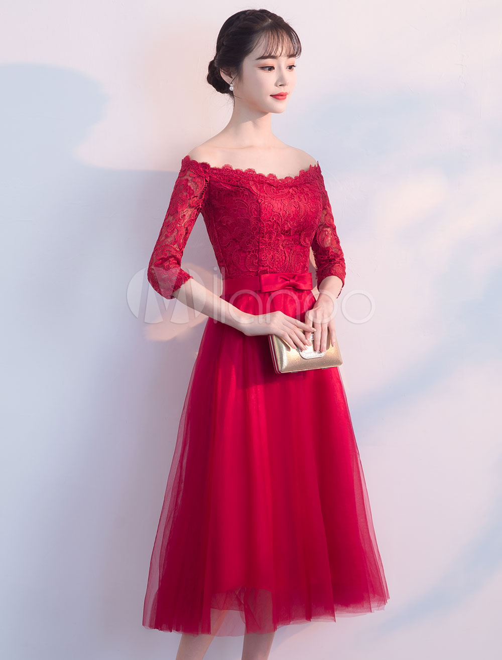 Short Prom Dresses Burgundy Off The Shoulder Half Sleeve Bow Sash Lace