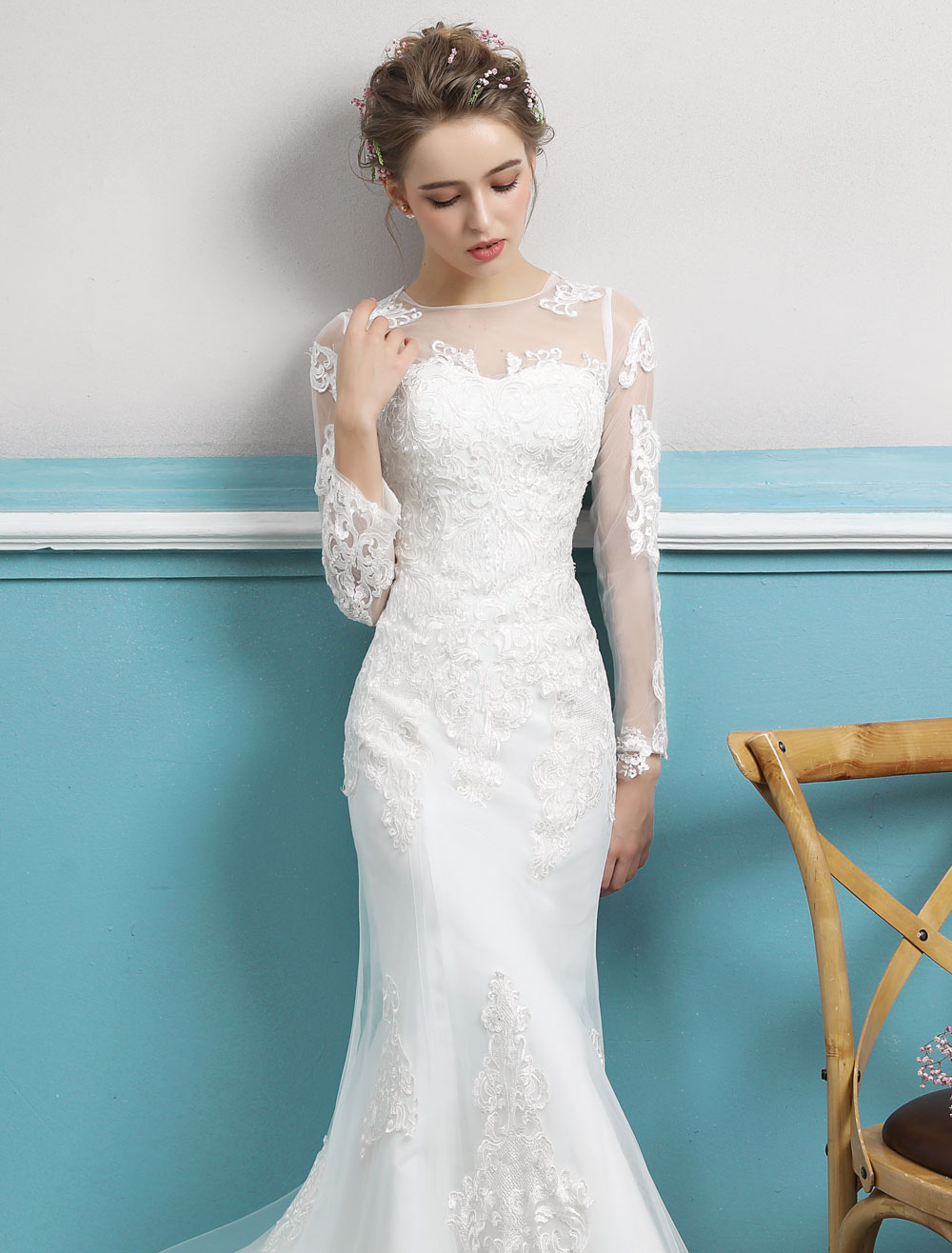 Mermaid Wedding Dresses Long Sleeve Ivory Lace Illusion Train Bridal ...